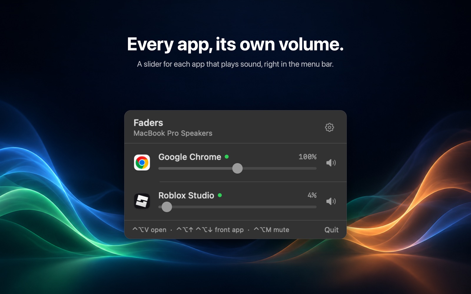 The Faders panel in dark mode: a volume slider and mute button for each app playing sound.