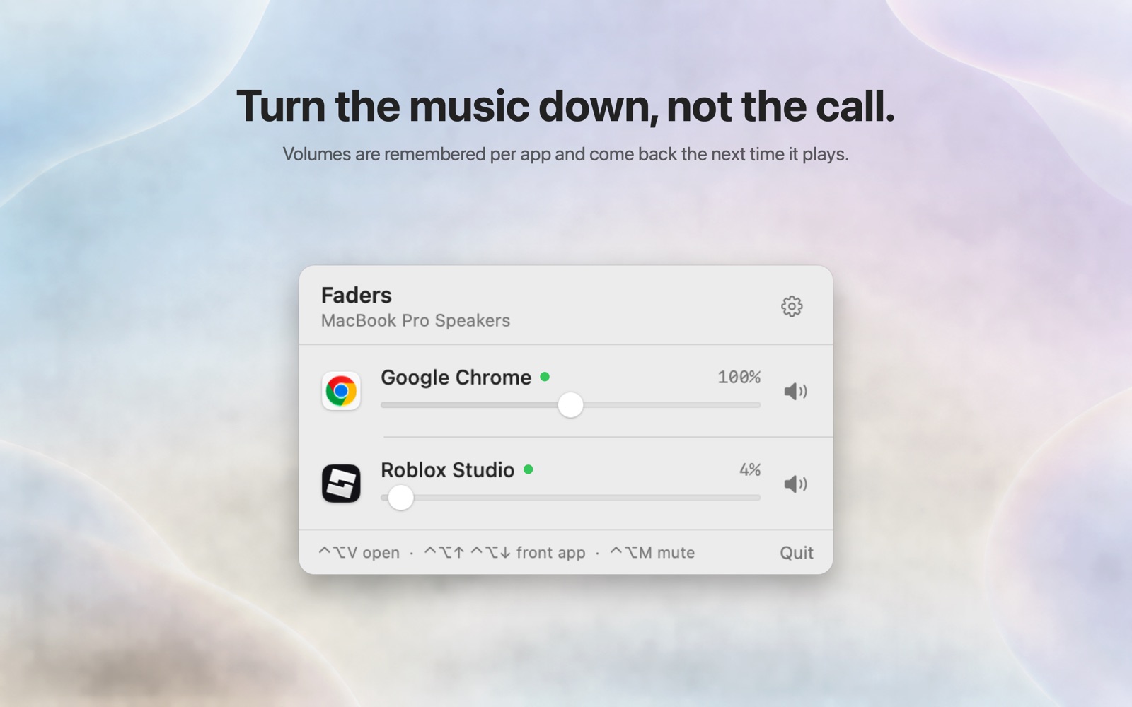 The Faders panel in light mode with per-app volume levels.
