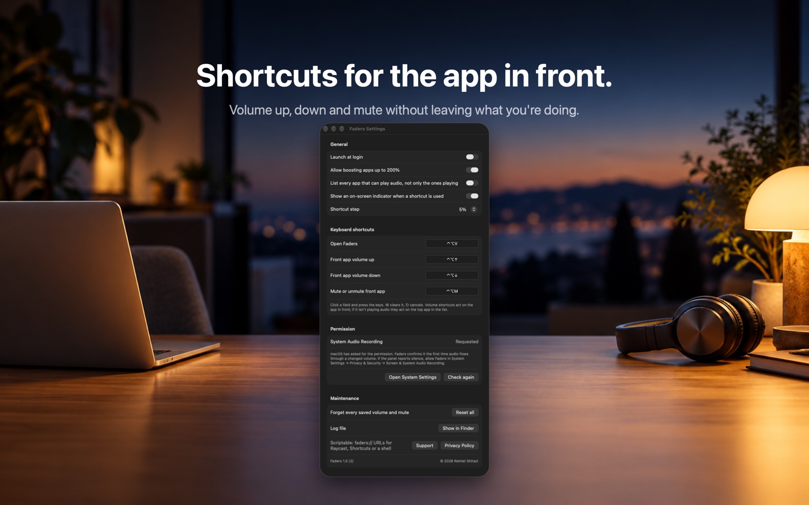 Faders settings: launch at login, boost to 200%, keyboard shortcuts and the permission status.